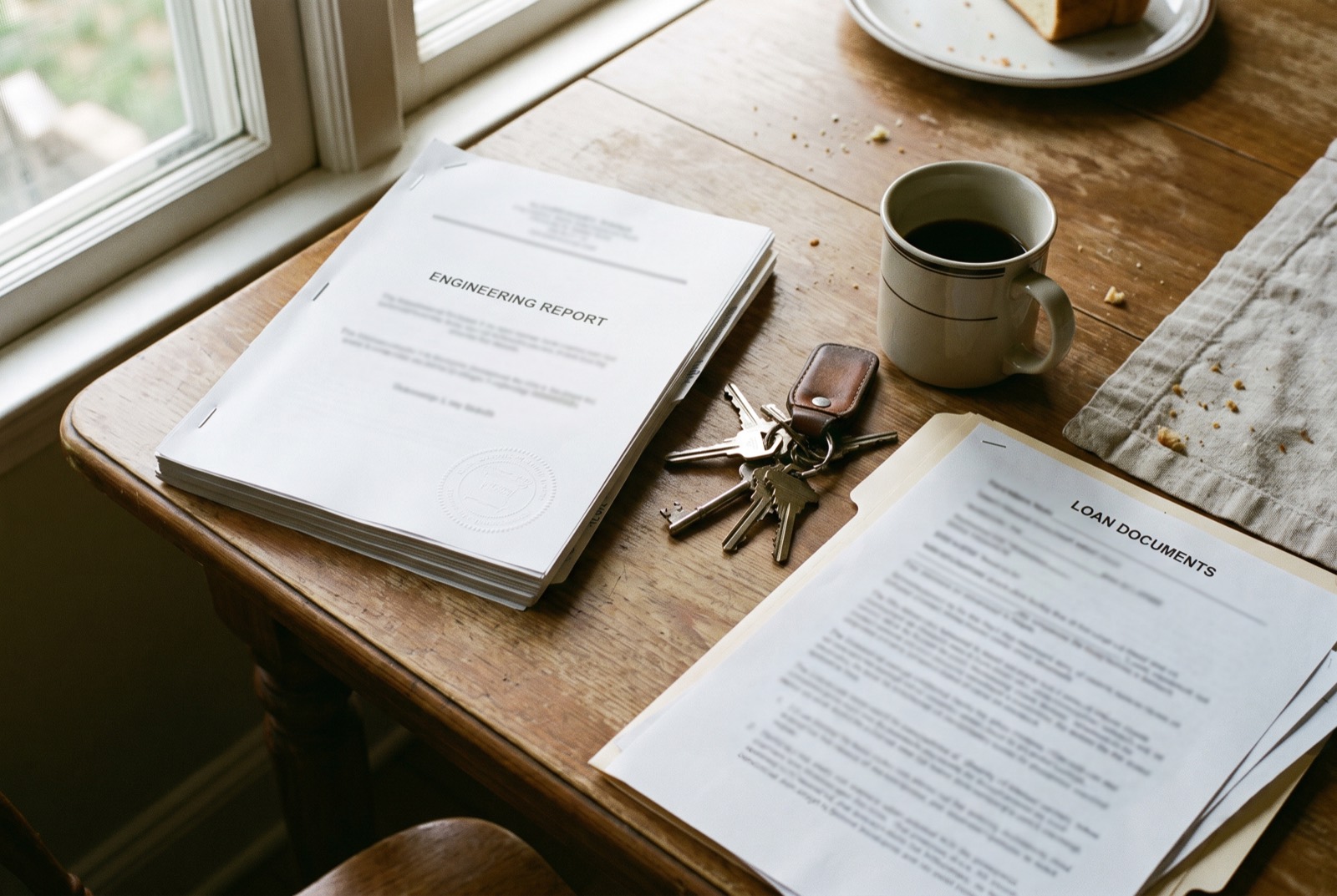 An engineering report, house keys, and loan papers on a kitchen table