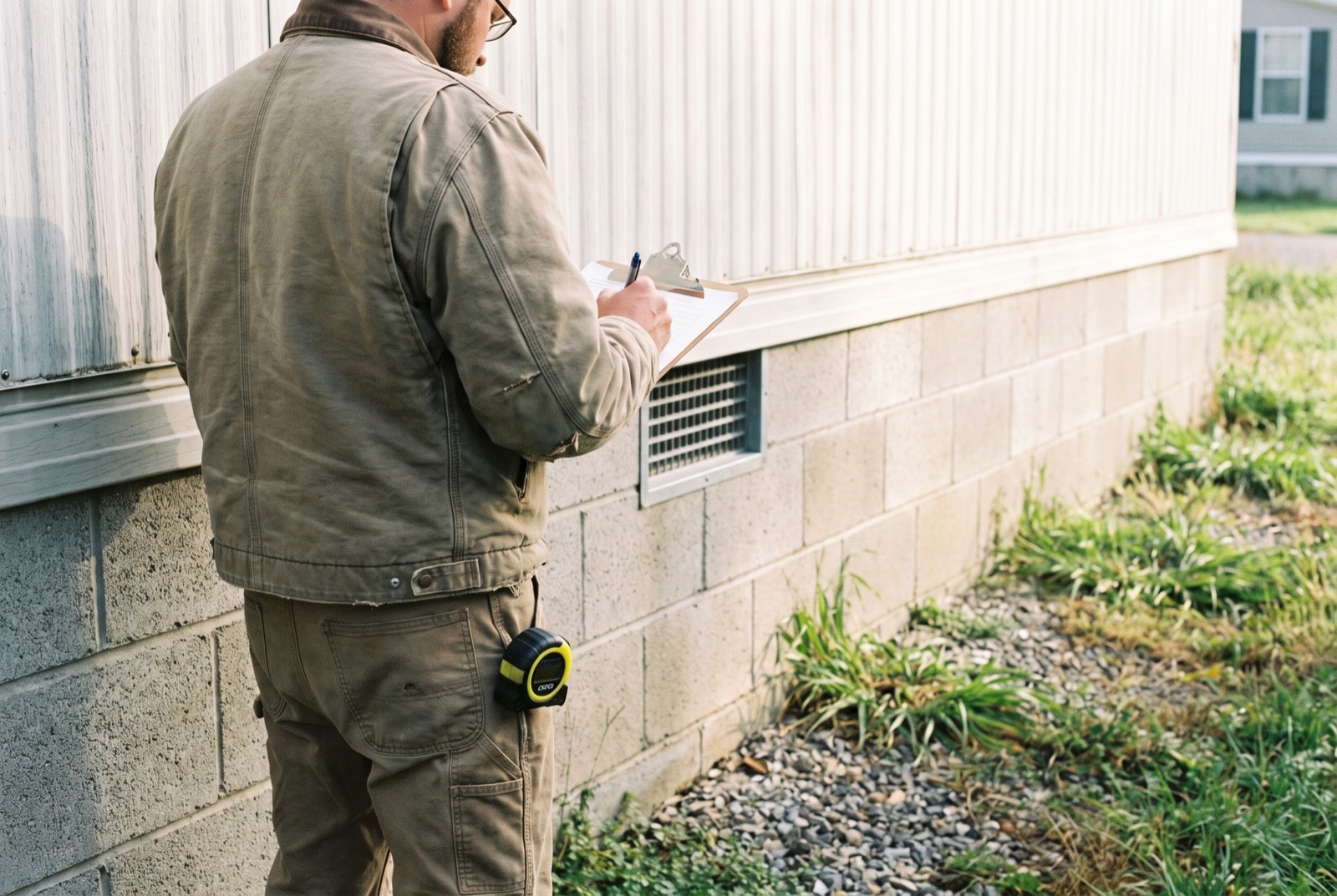 An engineer writing on a clipboard beside a manufactured home