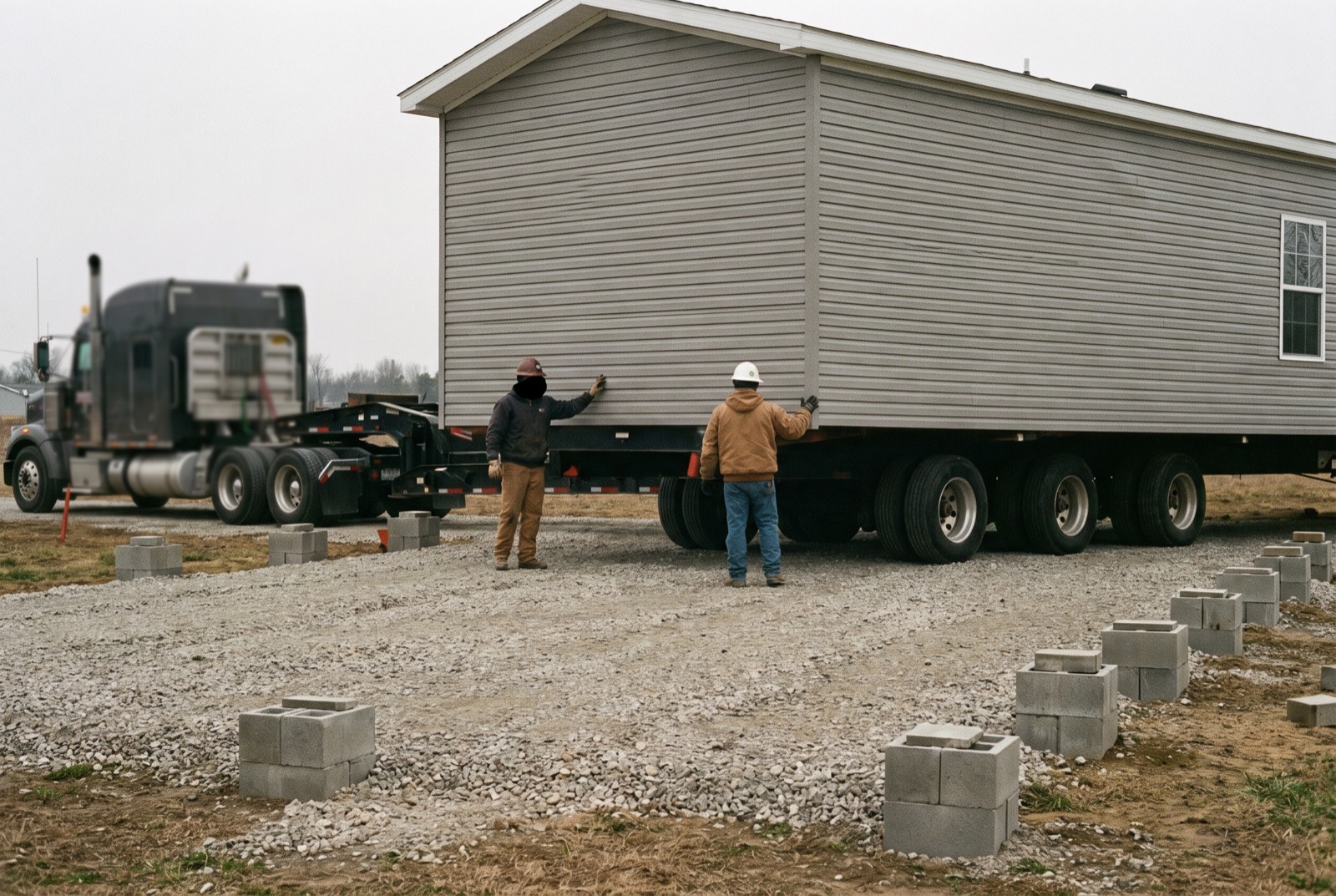 Workers guiding half of a manufactured home onto a prepared pad
